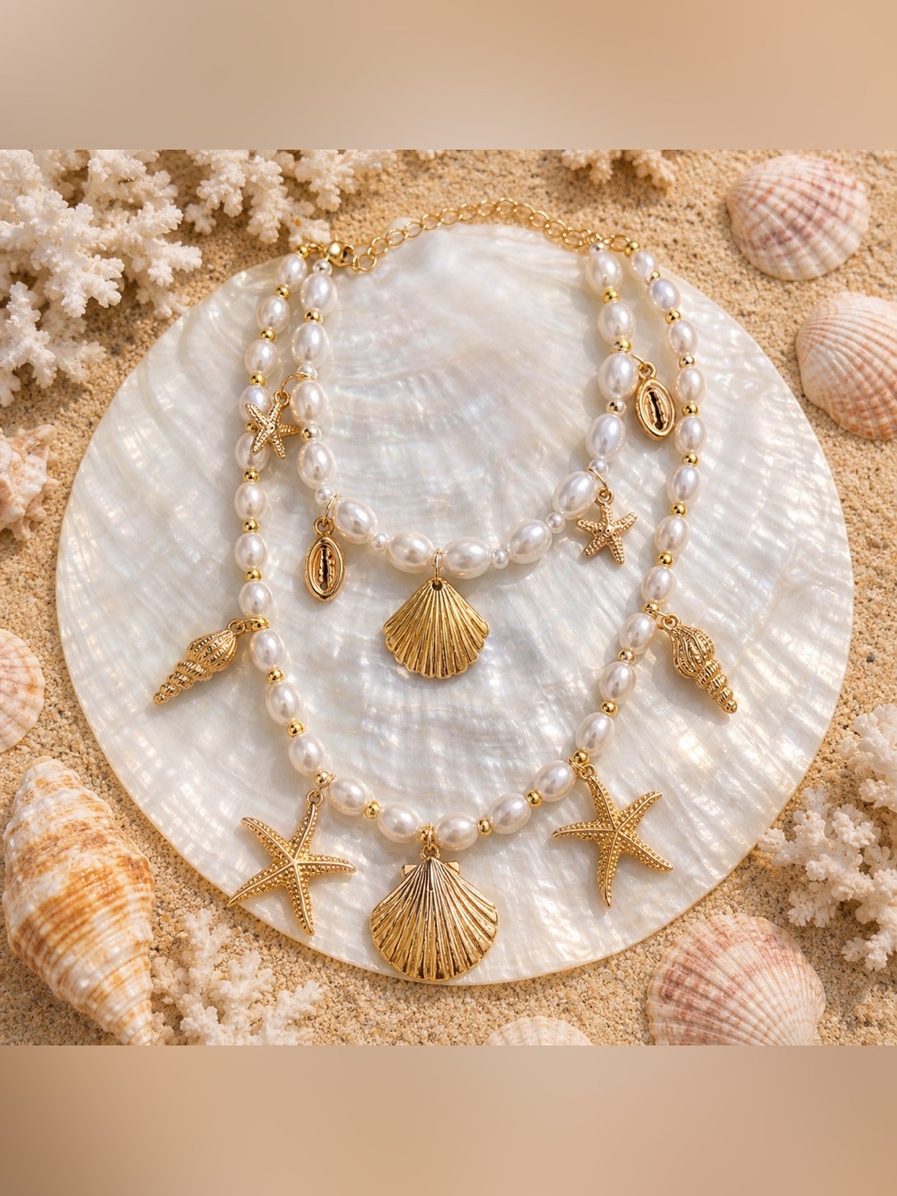 Layered Pearl Seashell & Starfish Necklace + Bracelet | Beach Charm Set